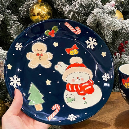 Hand-painted Christmas ceramic plate with snowman in navy blue, 21CM diameter