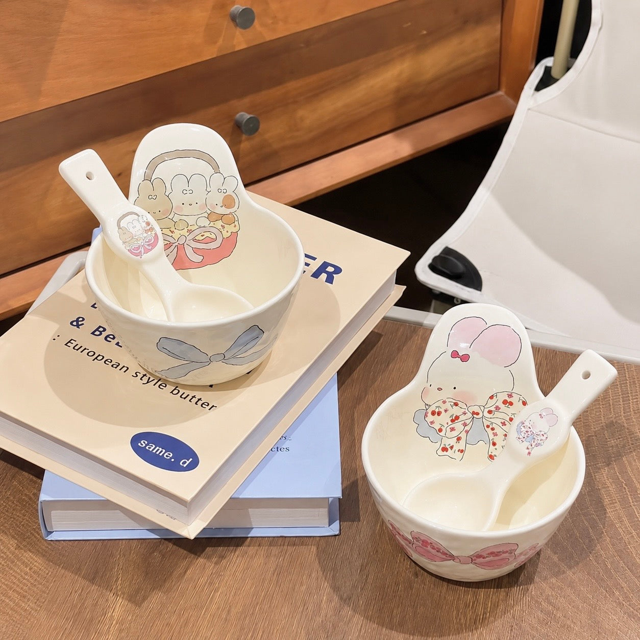Bow Bunny Handle Ceramic Yogurt Bowl with Spoon – 350ML