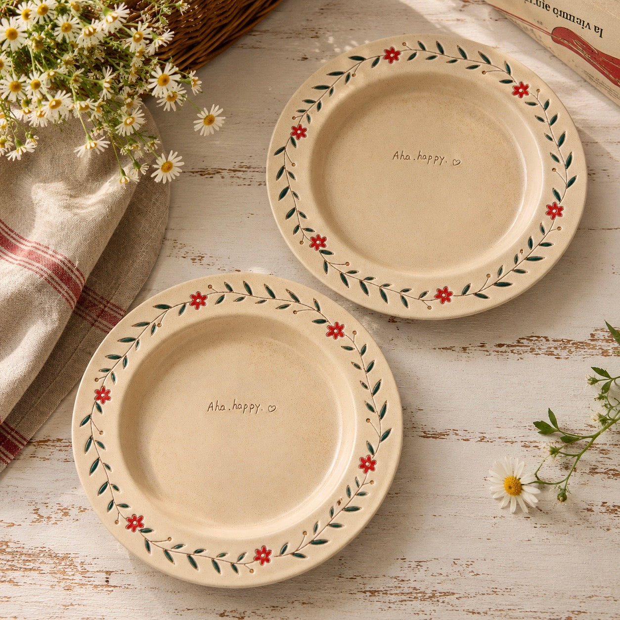 Hand-Painted Floral Matte Ceramic Pasta Plate, 8.4-Inch