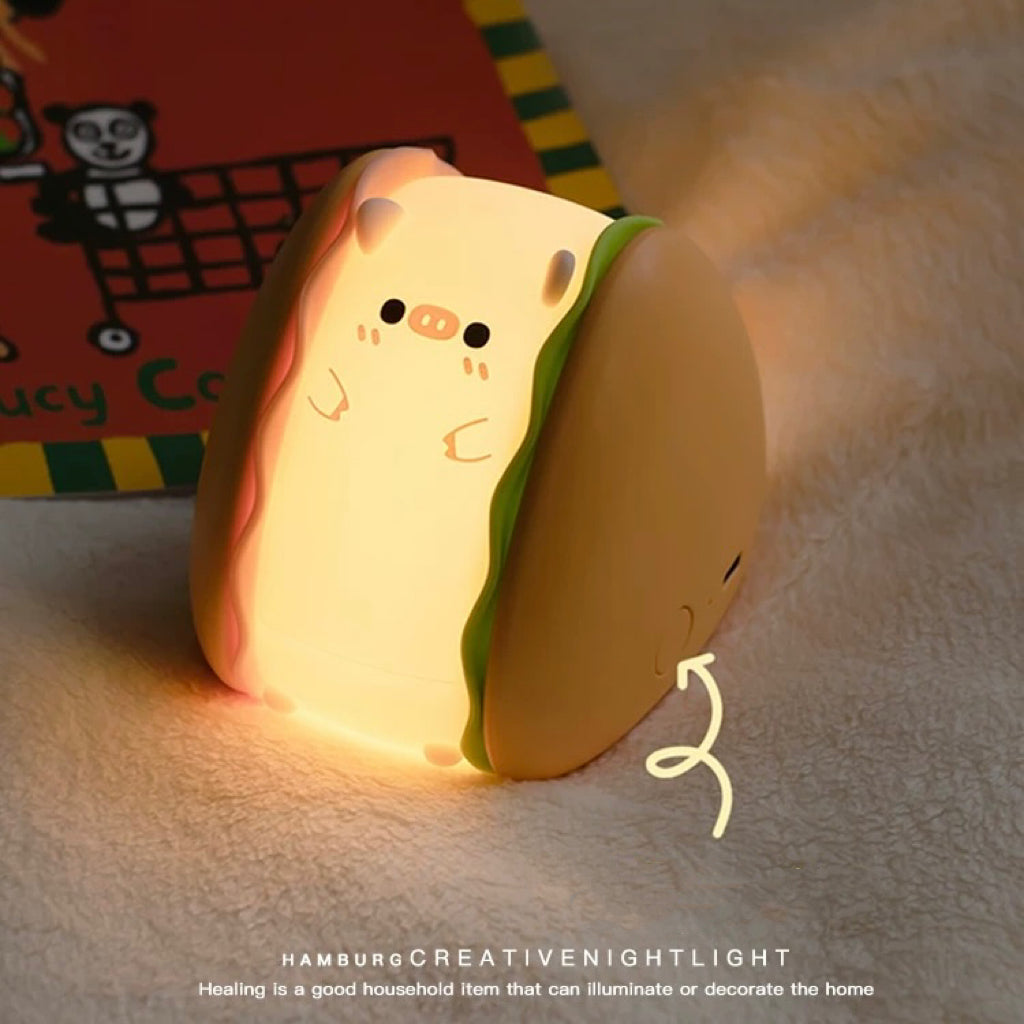 Hamburger Pig Tap-On Night Light | Cute Silicone Design with Adjustable Brightness and Timer