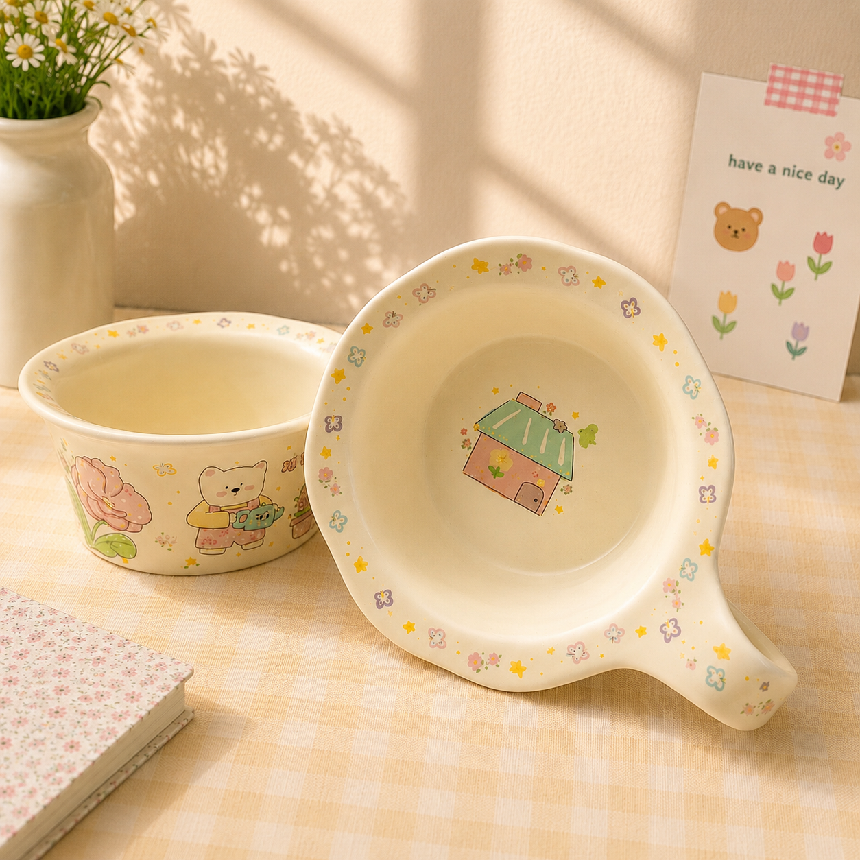 Garden Bear Ceramic Yogurt Bowl with Large Handle – 400ML