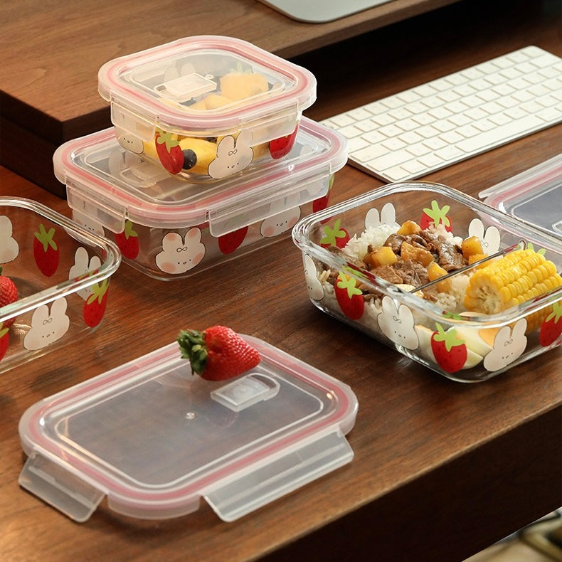 Strawberry Bunny Glass Food Container - 850ML Bento Box