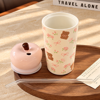 Floral Bear Ceramic Straw Cup with Lid – 450ML