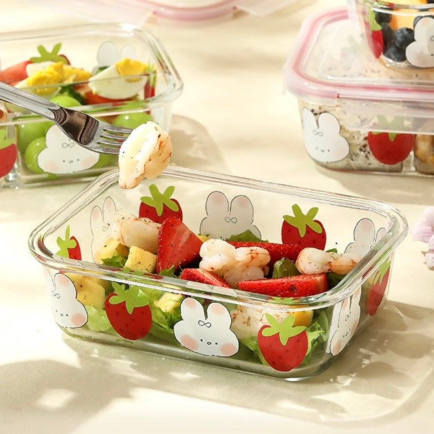 Strawberry Bunny Glass Food Container - 850ML Bento Box