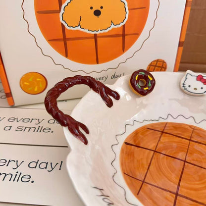 Caramel Kitty Hand-Painted Ceramic Plate with Handles, 8-Inch