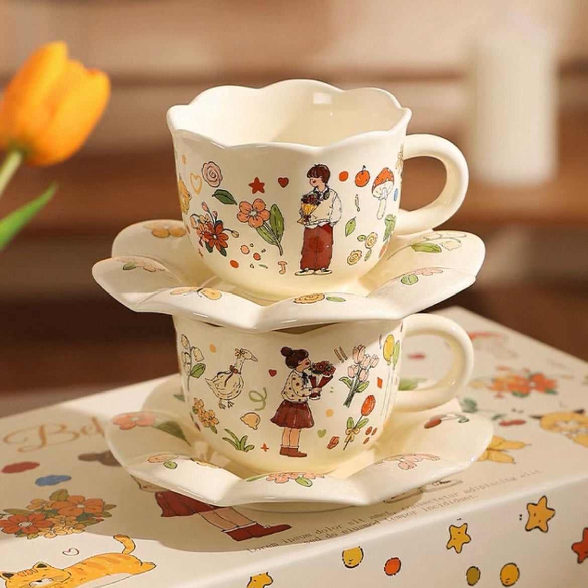 Matching Cups Ceramic Couple Mug Gift Set with Saucers - Anniversary & Wedding Gift ...