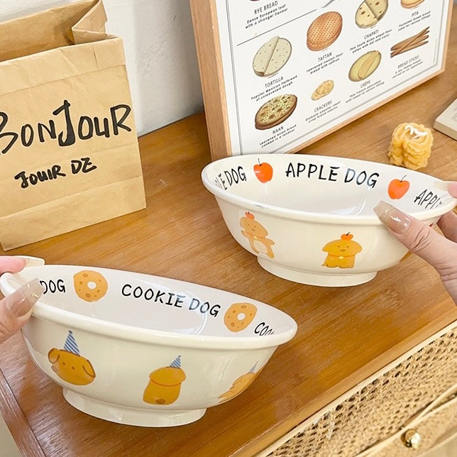 Cute Apple Dog & Cookie Dog Ramen Bowl – 1000ml Large Ceramic Bowl