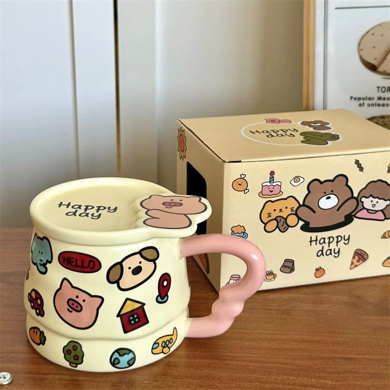 Doodle Animal Ceramic Mug with Lid – 400ML