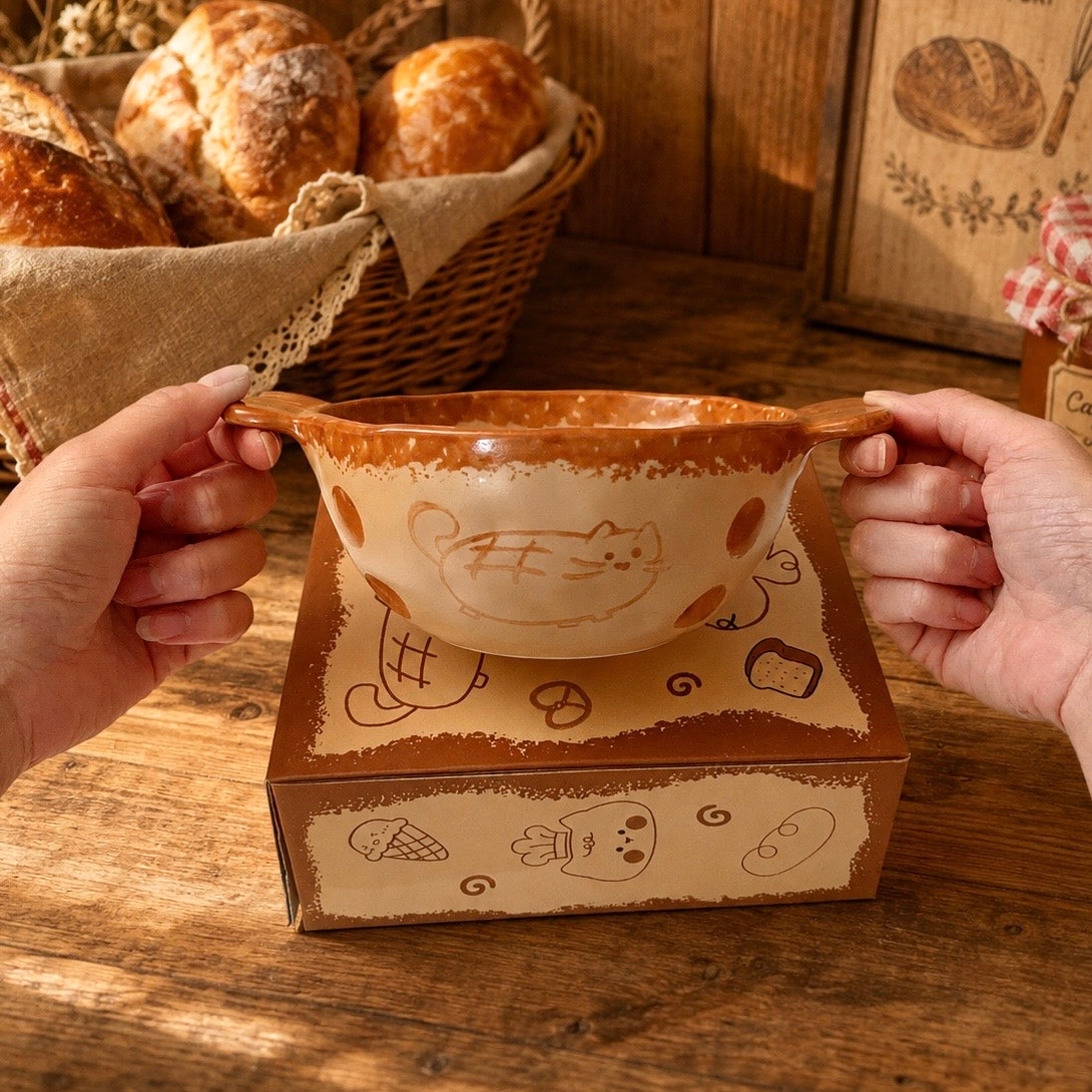 Hand-Painted Caramel Cat Ceramic Bowl with Handles, 500ML