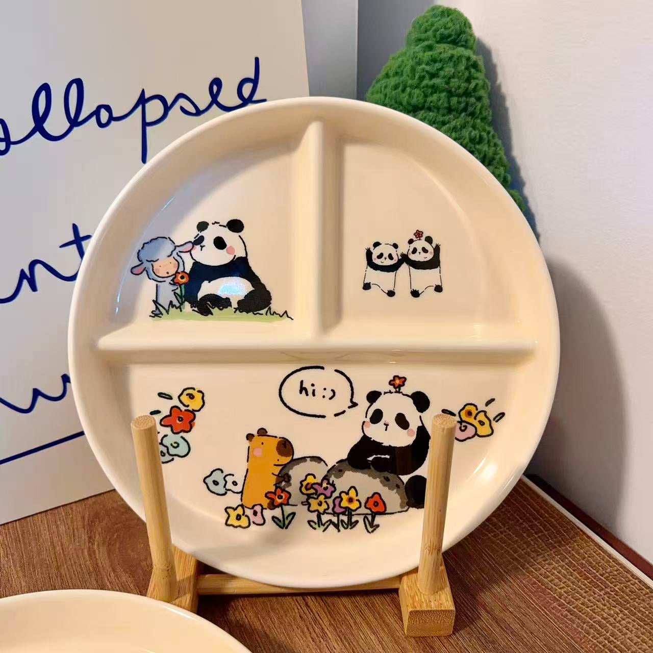 Panda Family Ceramic Divided Breakfast Plate, 8.3-Inch
