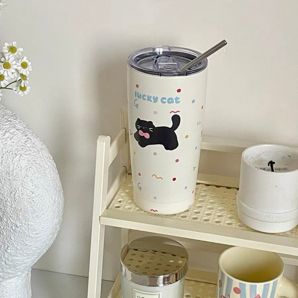 Lucky Cat Stainless Steel Travel Mug with Straw