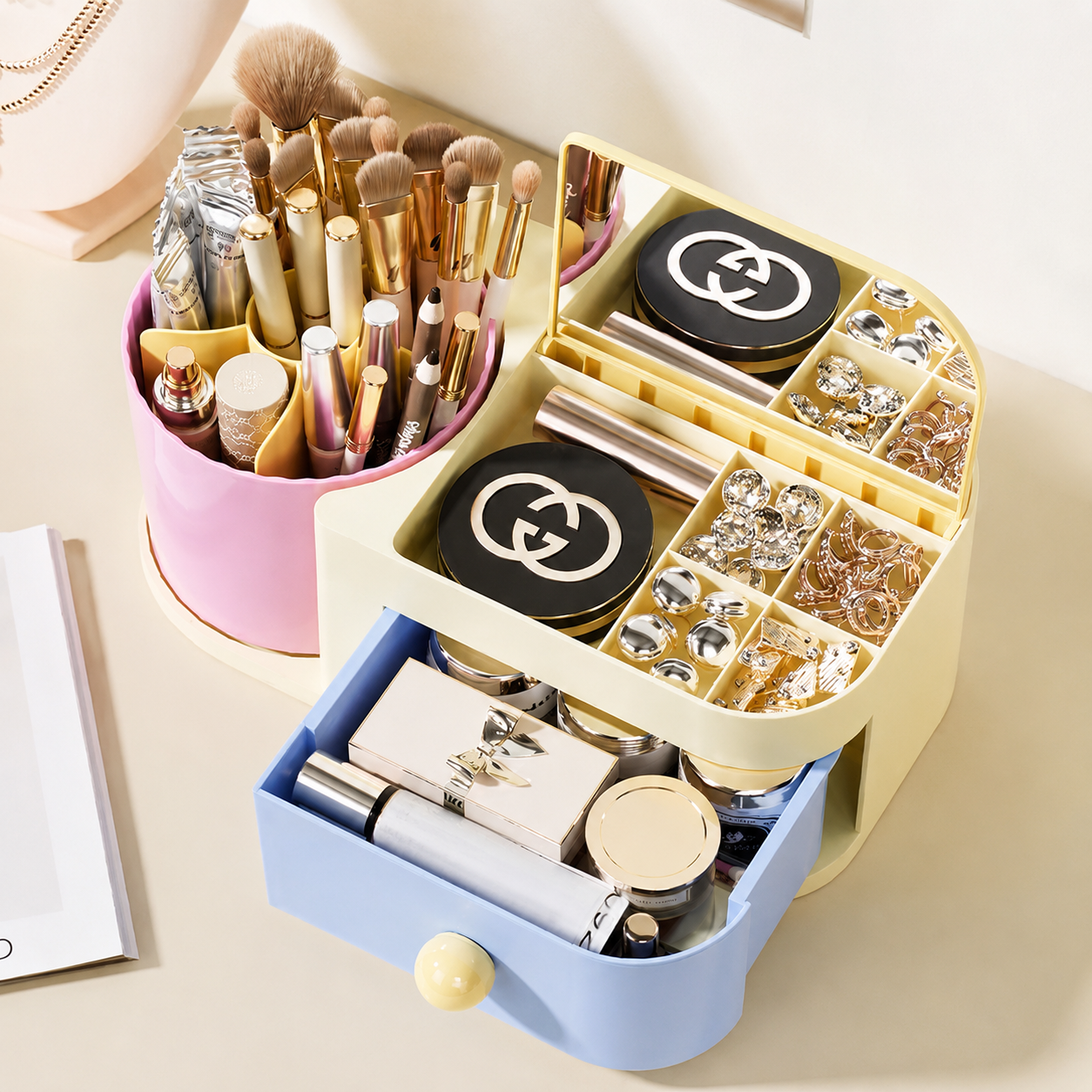 Pink & Blue Rotating Makeup Brush & Jewellery Drawer Organiser