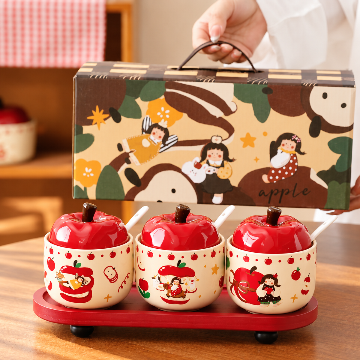 Apple Girl Ceramic Spice Jar Gift Set with Wooden Tray – Set of 3