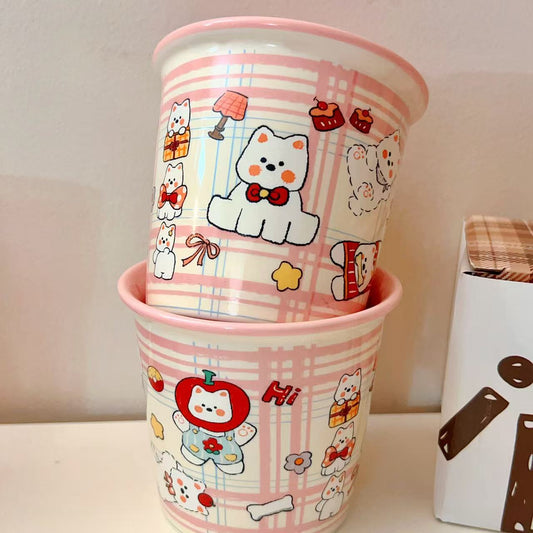 Cute Westie dog ceramic mug with pink plaid background and multiple dog illustrations, 330ML