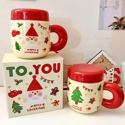Christmas ceramic mugs with red lids showing Santa and Christmas tree designs, 500ML with gift box