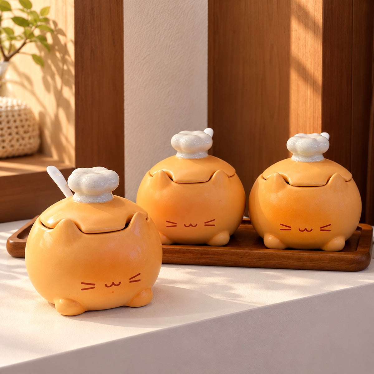 Chef Kitten Ceramic Spice Jar Gift Set with Wooden Tray – Set of 3