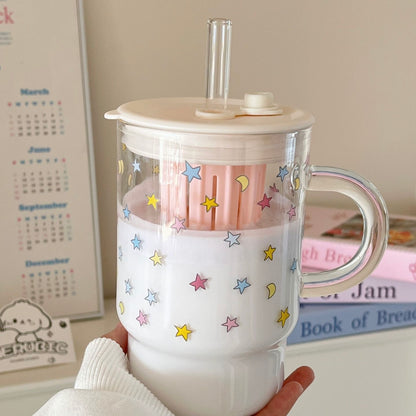 Colorful Stars Large Glass Mug with Straw – 1000ML
