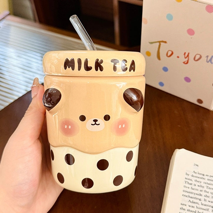 Bear & Piggy Milk Tea Ceramic Cup with Straw – 500ML