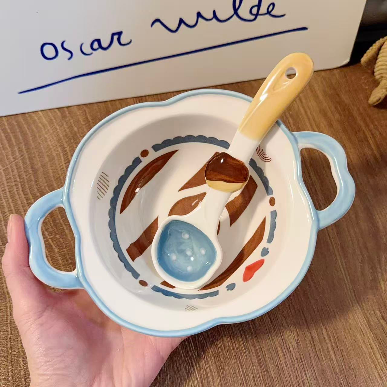 Cute Chestnut Ceramic Bowl with Handles & Spoon Set - 350ML