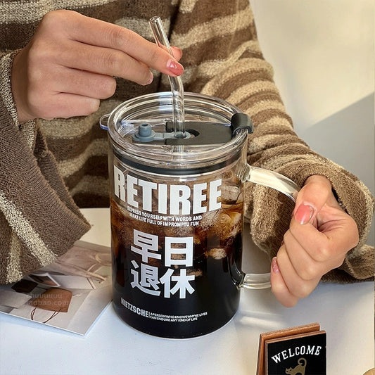 “Retiree” Glass Mug with Straw | Funny Design, 1000ML Capacity