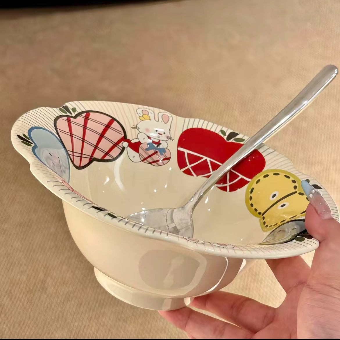 Apple bunny ceramic bowl with scalloped rim showing colorful fruits and bunny design, 500ML