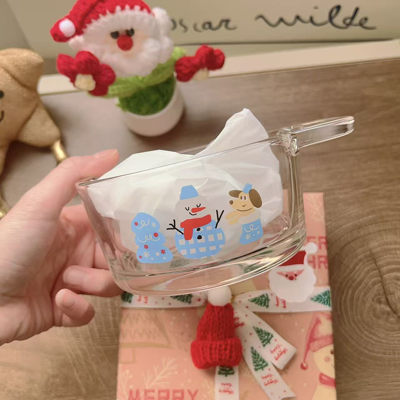 Christmas snowman glass yogurt bowl with festive design and Best wishes message, 400ML