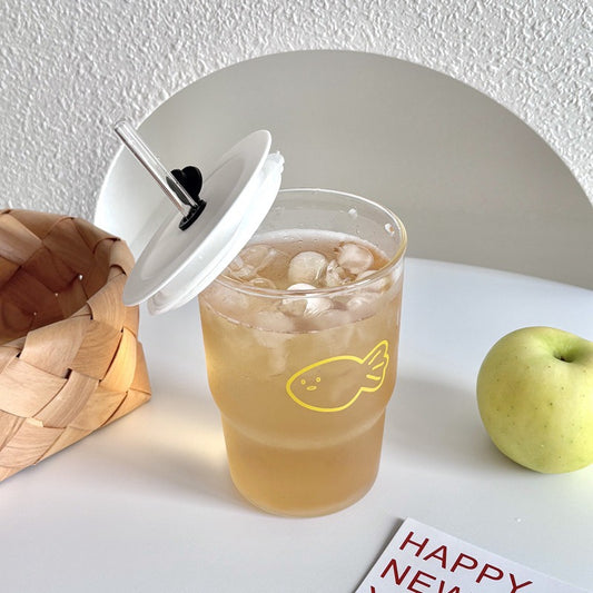 Little Fish Glass Cup with Lid and Straw – 450ML Capacity
