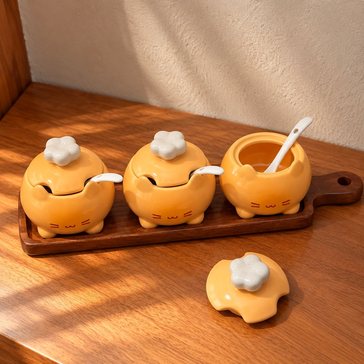 Chef Kitten Ceramic Spice Jar Gift Set with Wooden Tray – Set of 3