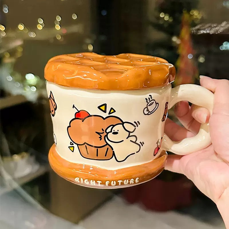 Puppy Waffle Ceramic Mug with Lid - 450ML