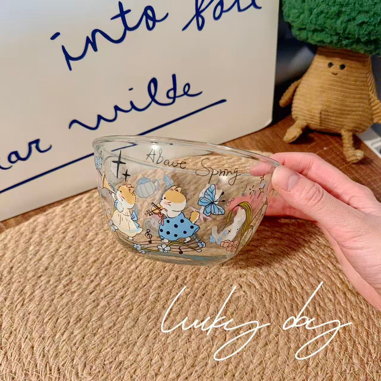 Cute Spring Doodle Glass Bowl - Microwave Safe, 350ML / 900ML