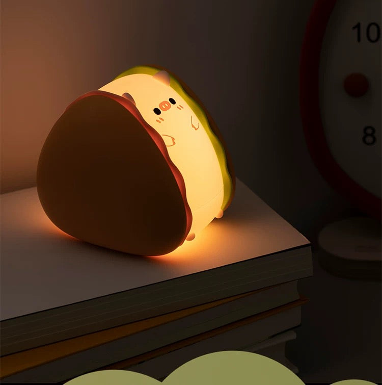 Hamburger Pig Tap-On Night Light | Cute Silicone Design with Adjustable Brightness and Timer