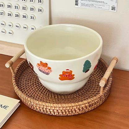 Cherry Bear Large Capacity Ceramic Bowl – 1300ml Handcrafted Ramen and Salad Bowl