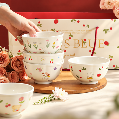Bunny & Floral Ceramic Bowl Gift Set – 350ML, Set of 5