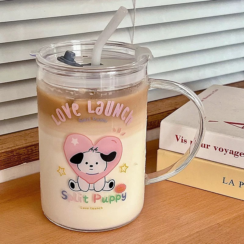 Lovely Puppy Glass Mug with Straw | Dishwasher Safe, 1000ML Capacity