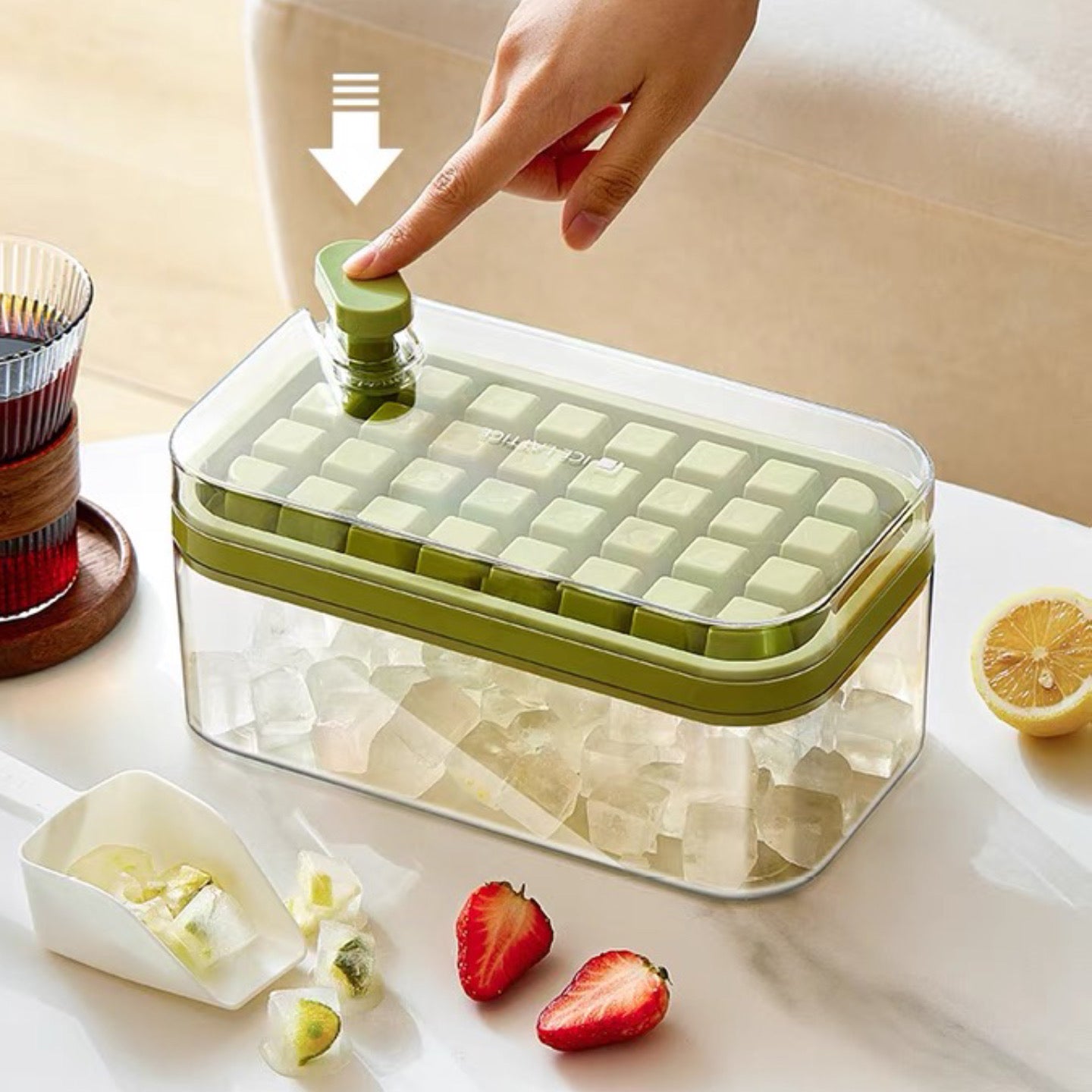 Push-Button Ice Cube Maker – Double-Layer Design with 64 Compartments | Includes Ice Scoop