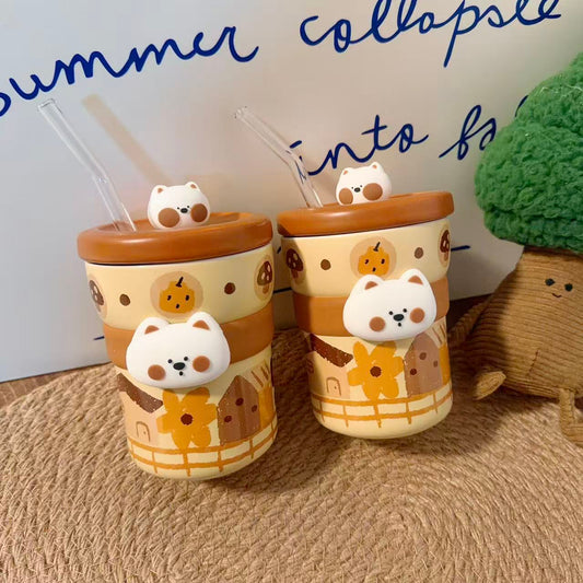 Caramel Westie Ceramic Straw Cup with Lid - 350ML