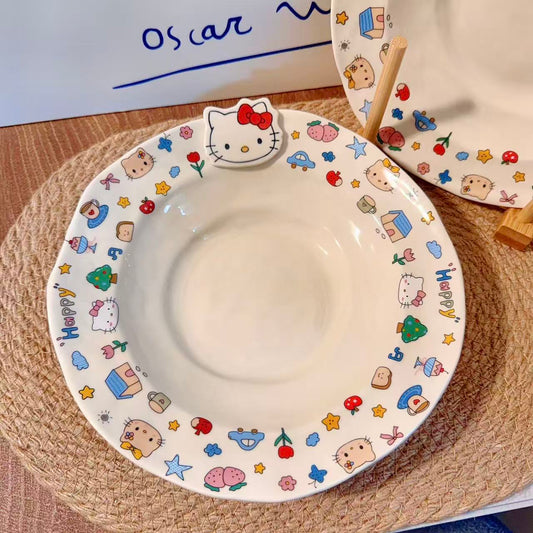 Colorful Kitty Handcrafted Ceramic Pasta Plate, 8.9-Inch