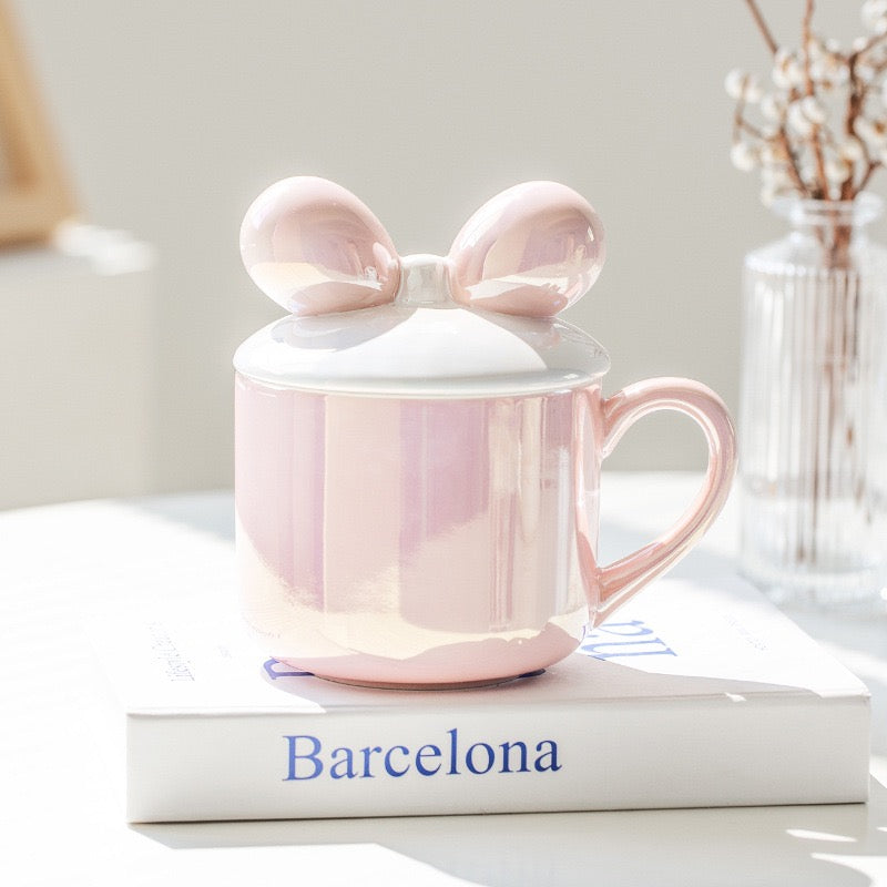 Pearl Glaze Bow Ceramic Mug with Lid | 380ml Fairy-Inspired Mug