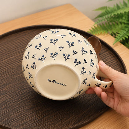 Cottage-Style Blue Floral Ceramic Bowl with Handle - 600ML