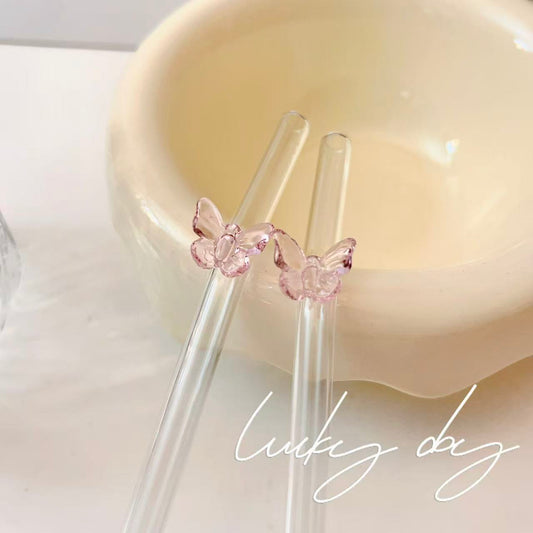 Reusable Pink Butterfly Glass Straw