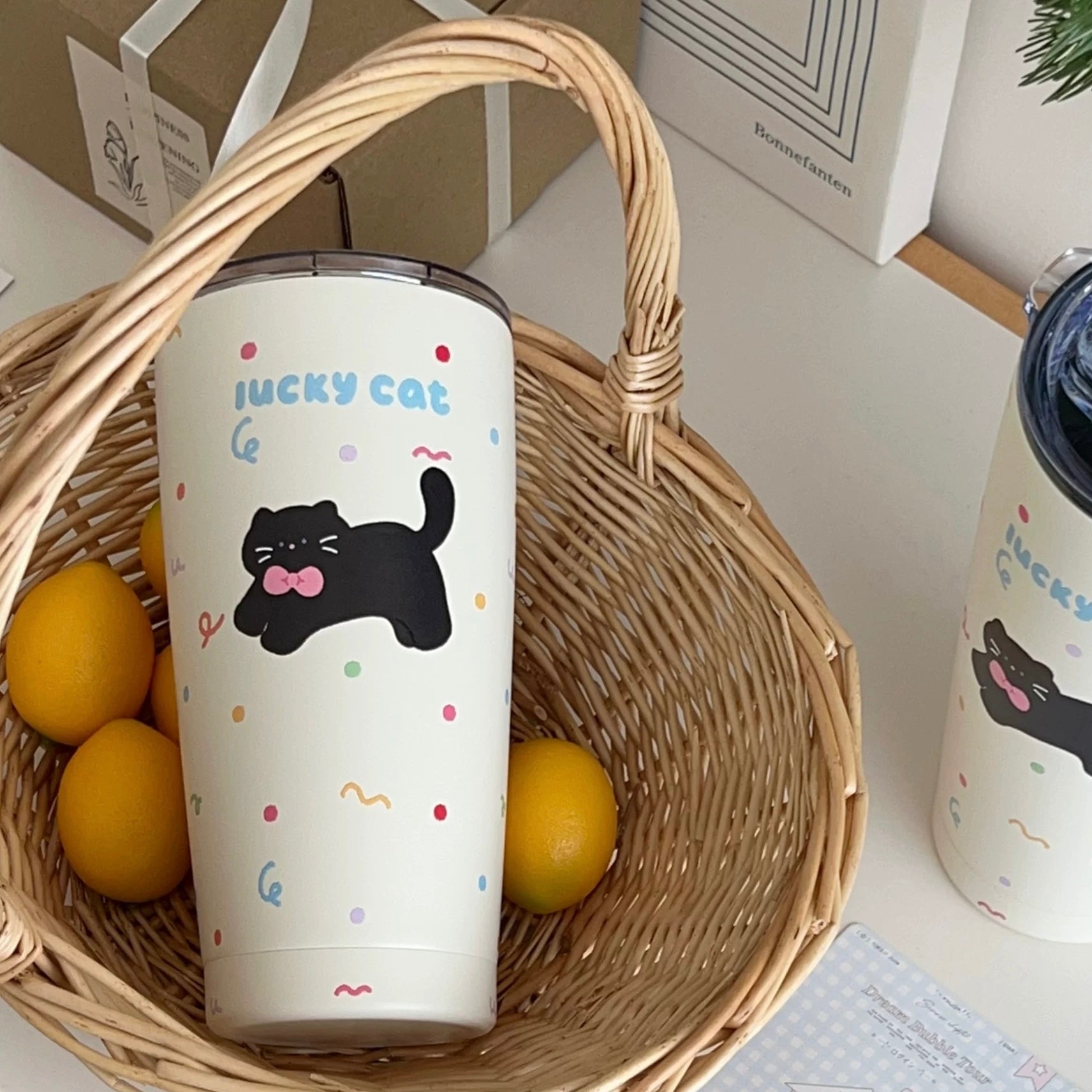Lucky Cat Stainless Steel Travel Mug with Straw