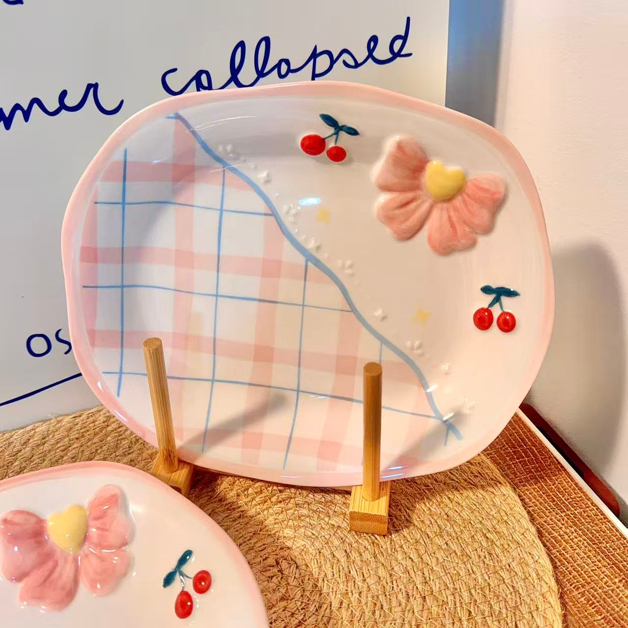 Pastel Pink Bow Ceramic Rectangular Plate, 9.8-Inch