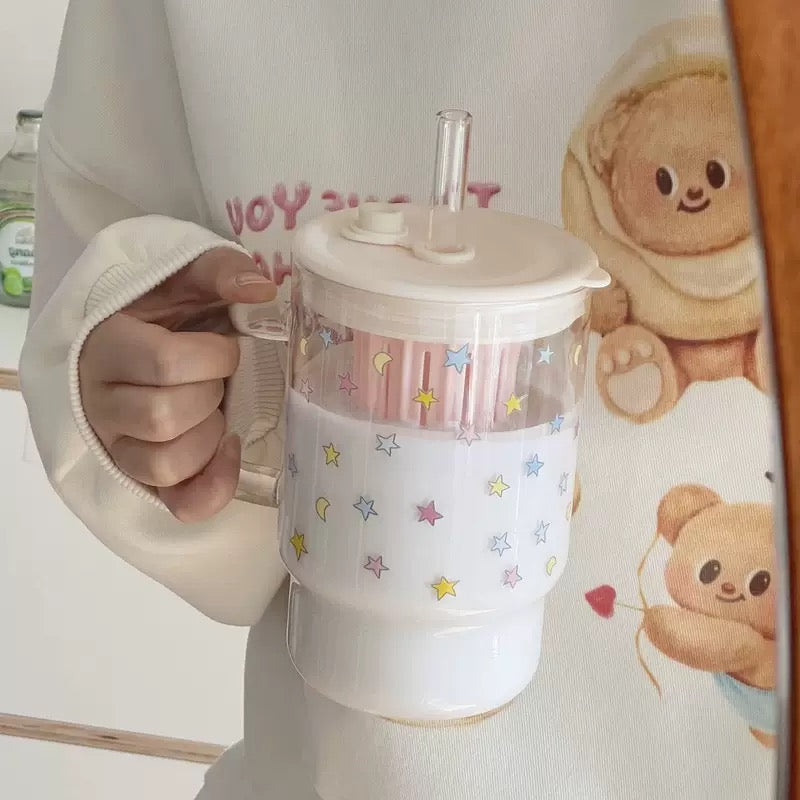 Colorful Stars Large Glass Mug with Straw – 1000ML