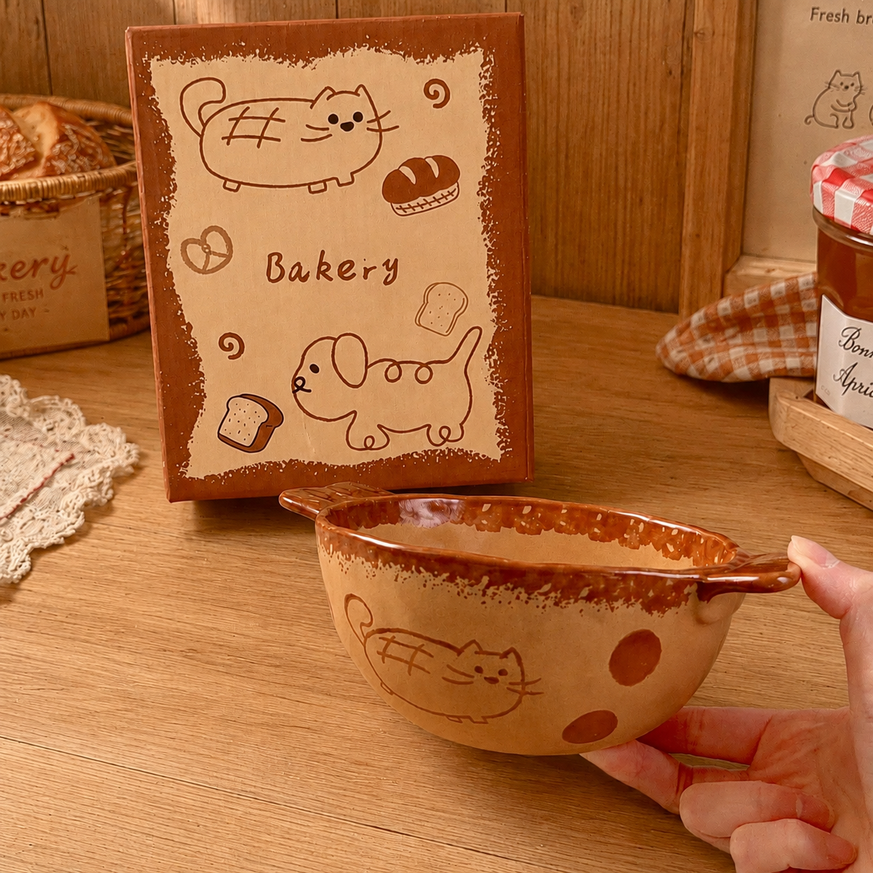 Hand-Painted Caramel Cat Ceramic Bowl with Handles, 500ML