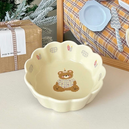 Adorable Bear Pattern Ceramic Salad Bowl | Lace-Like Design, Underglaze Technique