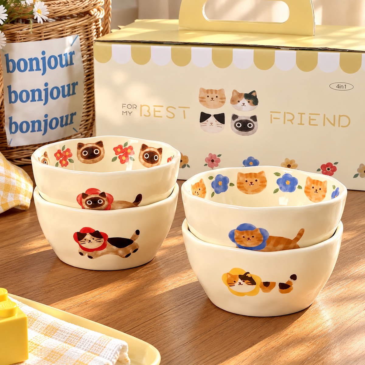 Cats & Flowers Ceramic Bowl Gift Set – Set of 4