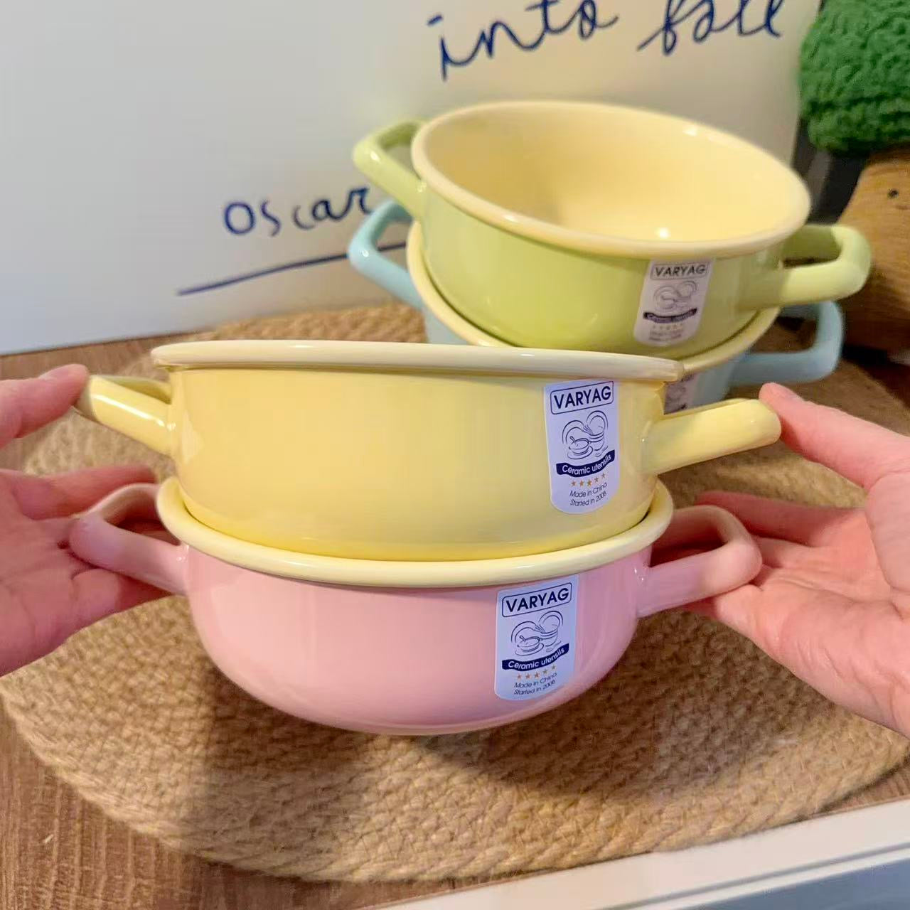 Pastel Color Ceramic Bowl with Handles - 650ML