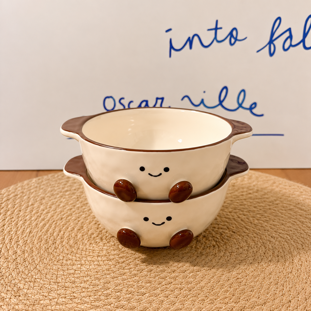 Hand-Painted Cocoa Bean Ceramic Yogurt Bowl with Handles - 480ML