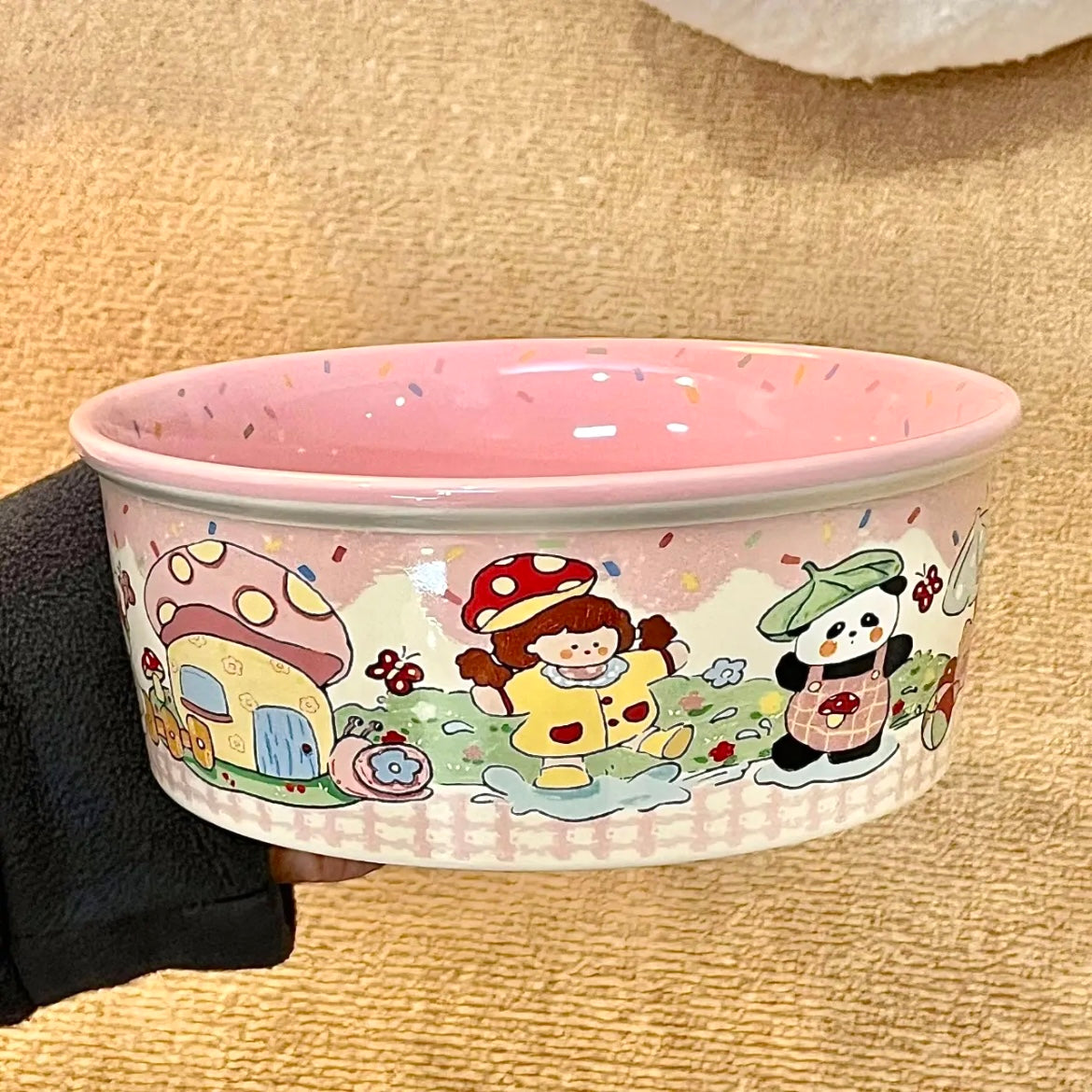 Pink ceramic salad bowls stacked showing Westie café, panda picnic, and piggy bakery designs, 600ML