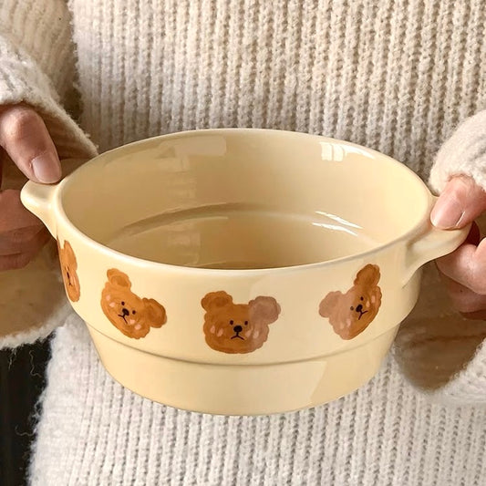 Adorable Double-Handle Baking Bowl with Emo Bear Design – Oven, Microwave, and Air Fryer Safe